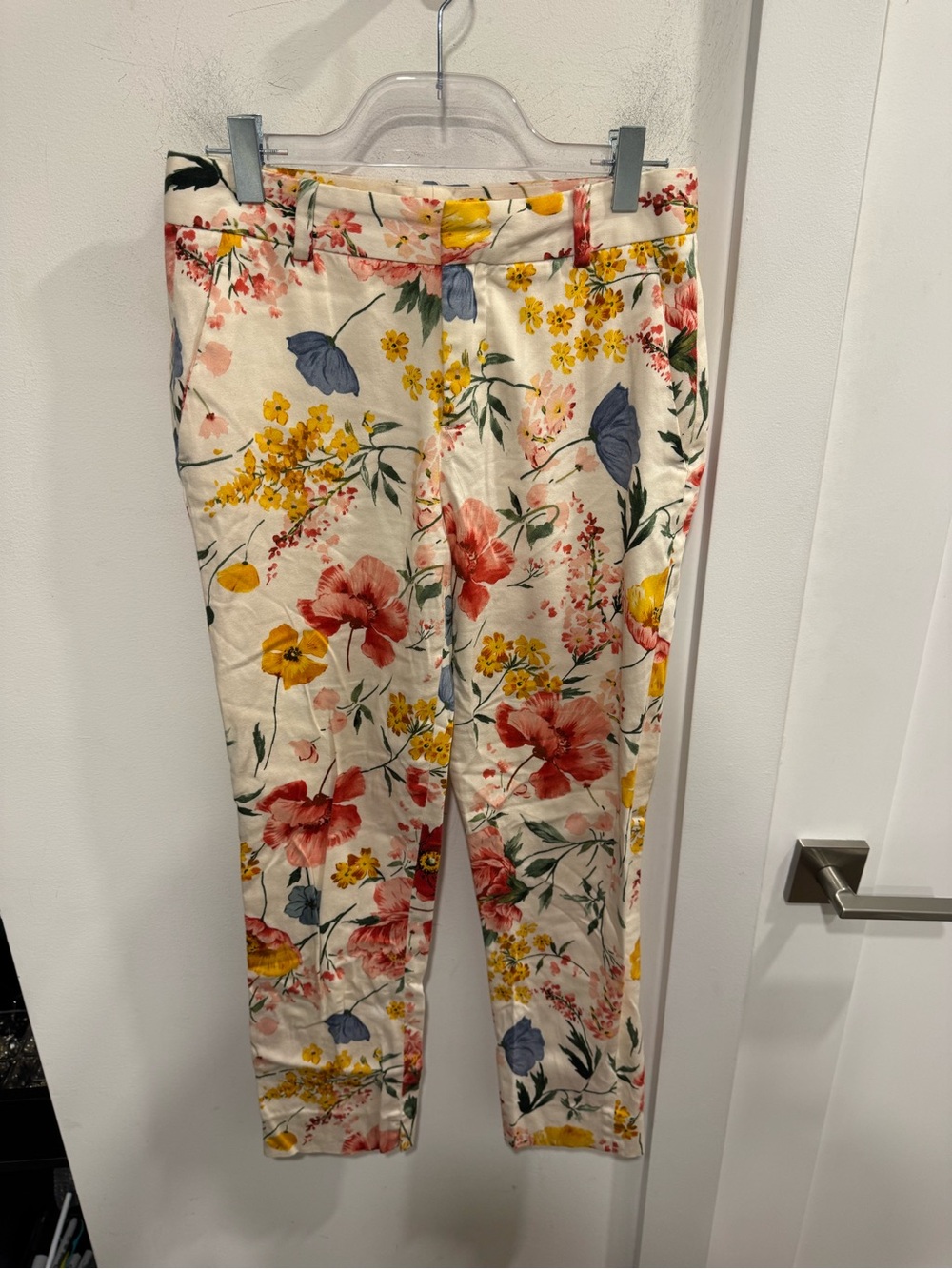 Zara Cream Floral Print Pants with Red, Yellow & Blue Flowers